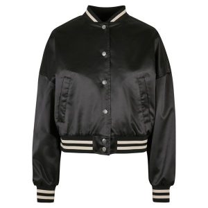 Damski oversizowy satynowy krótki żakiet Urban Classics College. Czarne marynarki i żakiety Urban Classics, m, bez wzorów, z elastanu, sportowe. Za 200,00 zł.