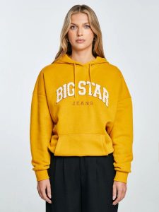 Bluza damska z kapturem z logo BIG STAR żółta Rubialsa 203. Żółte bluzy Big Star, l, z aplikacjami, z dzianiny, z kapturem. Za 269,99 zł.