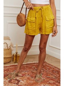 Fleur de Lin Lniane szorty "Boristo" w kolorze żółtym rozmiar: XL. Żółte szorty Fleur de Lin, bez wzorów, ze lnu, z podwyższonym stanem. Za 138,45 zł.