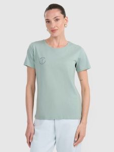 4F T-shirt regular z nadrukiem damski - turkusowy XXL. Niebieskie t-shirty 4f, xxl, bez wzorów, z bawełny, bez kołnierzyka, bez ramiączek. Za 59,99 zł.