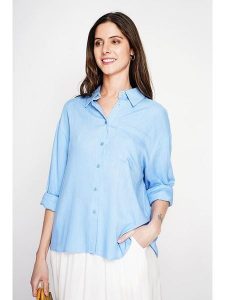 Le Jardin du Lin Lniana koszula w kolorze błękitnym rozmiar: 34. Niebieskie koszule Le jardin du lin, bez wzorów, ze lnu, bez kołnierzyka, bez ramiączek. Za 108,99 zł.