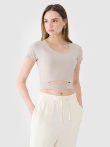 4F T-shirt crop top gładki damski - beżowy M. Brązowe t-shirty 4f, m, bez wzorów, z bawełny, bez kołnierzyka, bez ramiączek. W wyprzedaży za 19,99 zł.