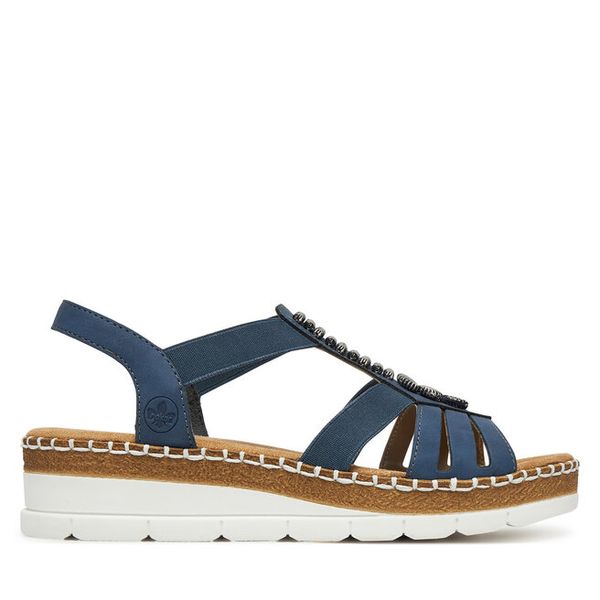 Sandały Rieker. Niebieskie sandały Rieker, bez wzorów, bez obcasa, na koturnie, bez zapięcia. Za 299,99 zł.