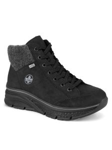 Rieker Botki 48043-00 Czarny. Czarne botki Rieker, bez wzorów, z materiału, bez obcasa, na koturnie, bez zapięcia. Za 265,99 zł.