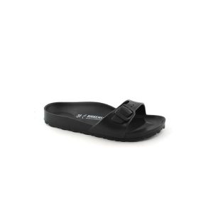 Klapki damskie Birkenstock Eva Madrid Black Eva. Czarne klapki Birkenstock, bez wzorów, z materiału, bez obcasa. Za 199,00 zł.