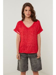 Rodier Lin Lniana koszulka w kolorze czerwonym rozmiar: M/L. Czerwone bluzki Rodier Lin, l, bez wzorów, ze lnu, bez kołnierzyka, bez ramiączek. Za 132,05 zł.