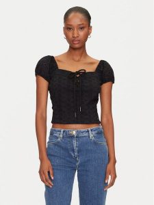 Guess Bluzka W5GP13 KCVA1 Czarny Slim Fit. Czarne bluzki Guess, l, z aplikacjami, z bawełny, bez kołnierzyka, bez ramiączek. Za 169,99 zł.
