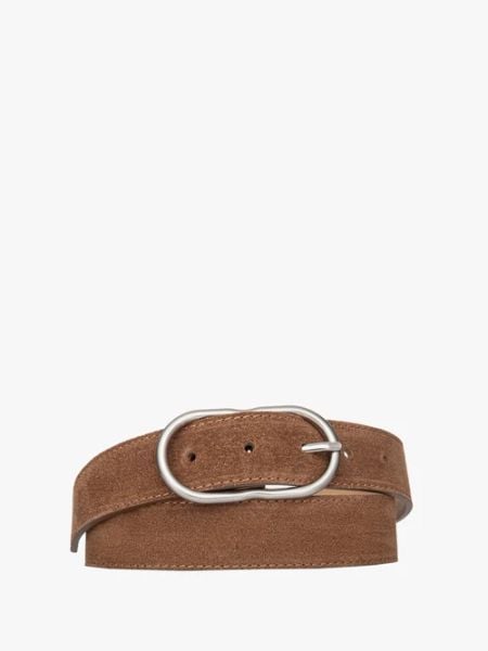 Rudy welurowy pasek damski ze srebrną klamrą. Brązowe paski Ryłko, bez wzorów, ze skóry. Za 129,99 zł.