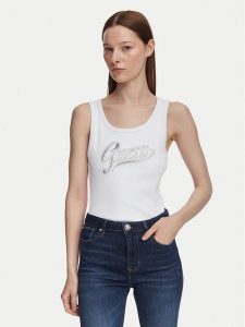Guess Top W6YP30 K4380 Biały Slim Fit. Białe topy Guess, xl, z aplikacjami, z syntetyku, bez kołnierzyka, bez ramiączek. Za 194,99 zł.