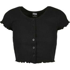 Koszulka damska Urban Classics cropped button up rib. Czarne koszulki sportowe Urban Classics, bez wzorów, bez ramiączek. Za 117,00 zł.