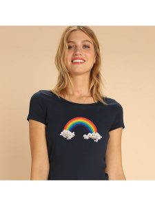 WOOOP Koszulka "Candy rainbow" w kolorze granatowym rozmiar: S. Niebieskie bluzki Wooop, s, bez wzorów, z bawełny, bez kołnierzyka, bez ramiączek. Za 74,46 zł.