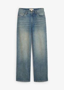 Dżinsy z szerokimi nogawkami, high waist. Niebieskie jeansy bonprix, bez wzorów, z bawełny, z podwyższonym stanem. Za 127,99 zł.