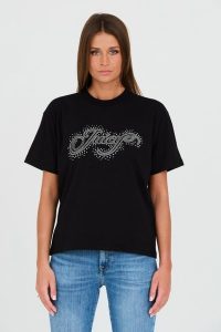 JUICY COUTURE Czarny t-shirt Boyfriend Scatter Diamante. Czarne t-shirty Juicy Couture, s, bez wzorów, bez kołnierzyka, bez ramiączek. W wyprzedaży za 139,99 zł.
