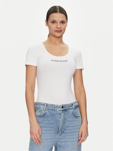 Guess Jeans Body W5GP25 J1314 Biały Slim Fit. Białe body i gorsety Guess Jeans, z aplikacjami, z bawełny. Za 123,99 zł.