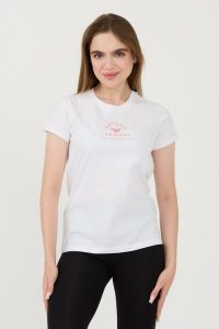 EMPORIO ARMANI Biały t-shirt Uni Logo Printe. Białe t-shirty Emporio Armani, xs, bez wzorów, bez kołnierzyka, bez ramiączek. W wyprzedaży za 178,99 zł.
