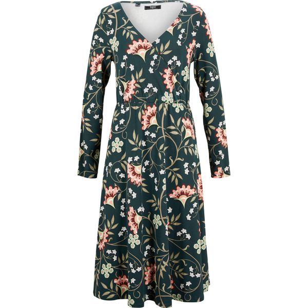 Sukienka z kopertowym dekoltem z bawełnianego dżerseju. Zielone sukienki bonprix, bez wzorów, z bawełny, bez kołnierzyka, bez ramiączek, kopertowe. Za 149,99 zł.