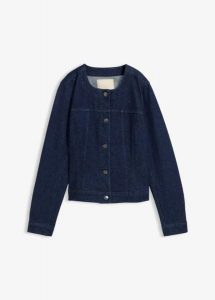 Kurtka dżinsowa ze sztrasami. Niebieskie kurtki bonprix, bez wzorów, bez kaptura. Za 139,99 zł.