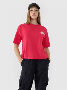 4F T-shirt oversize z nadrukiem damski - różowy S. Czerwone t-shirty 4f, s, bez wzorów, z bawełny, bez kołnierzyka, bez ramiączek. W wyprzedaży za 39,99 zł.