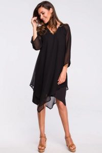 Sukienka wieczorowa oversize szyfonowa asymetryczna czarna. Czarne sukienki Stylove, na imprezę, l, bez wzorów, z elastanu, boho, z asymetrycznym kołnierzem, bez ramiączek, midi, asymetryczne. Za 269,00 zł.