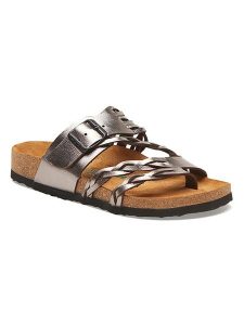 Comfortfusse Skórzane japonki w kolorze srebrnym rozmiar: 42. Szare klapki Comfortfüße, bez wzorów, ze skóry, z otwartym noskiem, bez obcasa. Za 260,99 zł.