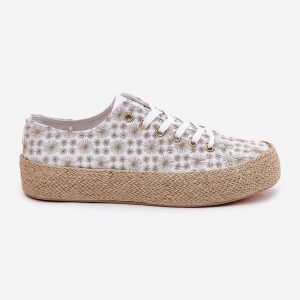 Wzorzyste Trampki Damskie Na Platformie Z Plecionką Lee Cooper LCW-25-08-3648L Biało-Złote białe. Białe trampki bez wzorów, z materiału, bez zapięcia. Za 197,76 zł.