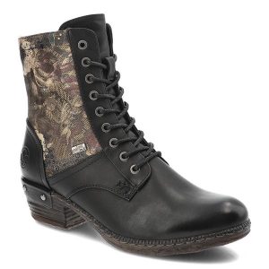 Czarne Botki Rieker Eleganckie Obuwie Damskie. Czarne botki Rieker, bez wzorów, ze skóry ekologicznej, bez obcasa, na obcasie, bez zapięcia. Za 339,00 zł.