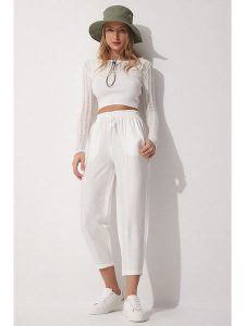 Hapiness Istanbul Lniane spodnie w kolorze białym rozmiar: 36. Białe spodnie z wysokim stanem Hapiness Istanbul, bez wzorów, ze lnu, z podwyższonym stanem. Za 73,99 zł.