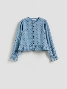 Jeansowa marynarka w groszki - niebieski. Niebieskie marynarki i żakiety Reserved, l, bez wzorów, z denimu. Za 129,99 zł.