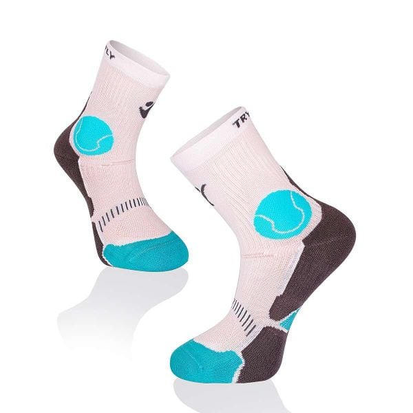 Skarpety tenisowe Fusion w kolorze biało-czarno-turkusowym. Białe skarpetki TRY TO FLY, bez wzorów. W wyprzedaży za 58,09 zł.