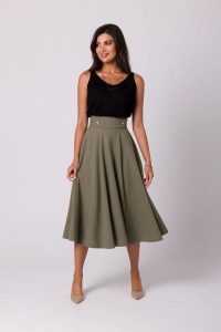 Rozkloszowana spódnica z wysokim stanem i kieszeniami khaki. Brązowe spódnice Bewear, na lato, xl, bez wzorów, midi. Za 319,00 zł.