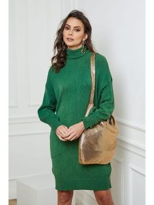 So Cachemire Sukienka dzianinowa "Tivoli" w kolorze zielonym rozmiar: XL. Zielone sukienki So Cachemire, na co dzień, xl, bez wzorów, z dzianiny, bez kołnierzyka, bez ramiączek, midi, proste. Za 186,63 zł.