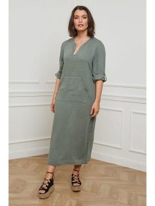 Curvy Lady Lniana sukienka w kolorze khaki rozmiar: 44/46. Brązowe sukienki Curvy Lady, bez wzorów, ze lnu, klasyczne, bez kołnierzyka, bez ramiączek, maxi. Za 136,13 zł.