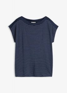 T-shirt z lejącej wiskozy z satynowym karczkiem. Niebieskie t-shirty bonprix, bez wzorów, z satyny, bez kołnierzyka, bez ramiączek. Za 97,99 zł.