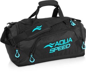 Torba sportowa pływacka na ramię 35l Aqua Speed. Czarne torby podróżne i sportowe Aqua-Speed, bez wzorów, z materiału, na ramię. Za 98,99 zł.