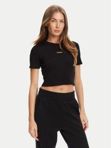 Guess T-Shirt V5YP08 K8RT2 Czarny Slim Fit. Czarne t-shirty Guess, s, z aplikacjami, z wiskozy, bez kołnierzyka, bez ramiączek. Za 109,99 zł.