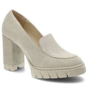 Beżowe Półbuty Armodo Eleganckie Buty Damskie. Brązowe półbuty Armodo, bez wzorów, z tworzywa sztucznego, bez obcasa, na słupku, bez zapięcia. Za 259,00 zł.