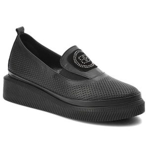 Czarne Półbuty Ravini Wygodne Skórzane Buty Damskie. Czarne czółenka Ravini, z aplikacjami, ze skóry, bez obcasa, na koturnie, bez zapięcia. Za 305,99 zł.