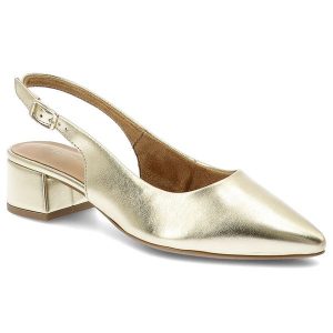Złote Sandały Tamaris Eleganckie Obuwie Damskie. Żółte sandały Tamaris, bez wzorów, bez obcasa, na obcasie, bez zapięcia. Za 339,00 zł.