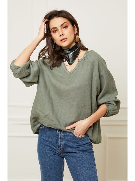 Joséfine Lniana bluzka "Celiane" w kolorze khaki rozmiar: L. Brązowe bluzki Joséfine, l, bez wzorów, ze lnu, bez kołnierzyka, bez ramiączek. Za 215,21 zł.