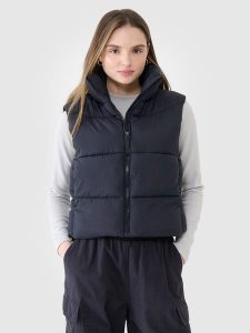 4F Bezrękawnik puchowy cropped z wypełnieniem syntetycznym damski - czarny XL. Czarne kamizelki 4f, xl, bez wzorów, z dzianiny, bez kołnierzyka, bez ramiączek, bez kaptura. W wyprzedaży za 139,99 zł.