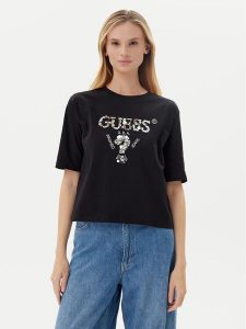 Guess T-Shirt V4YI06 I3Z14 Czarny Relaxed Fit. Czarne t-shirty Guess, xl, z aplikacjami, z bawełny, bez kołnierzyka, bez ramiączek. Za 199,99 zł.