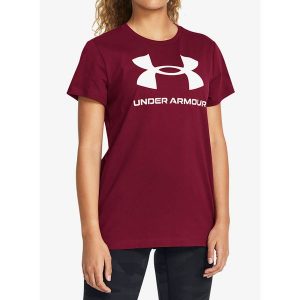 Koszulka z nadrukiem damska Under Armour Live Sportstyle Graphic SSC. Czerwone bluzki Under Armour, s, bez wzorów, sportowe, bez kołnierzyka, bez ramiączek. Za 69,99 zł.