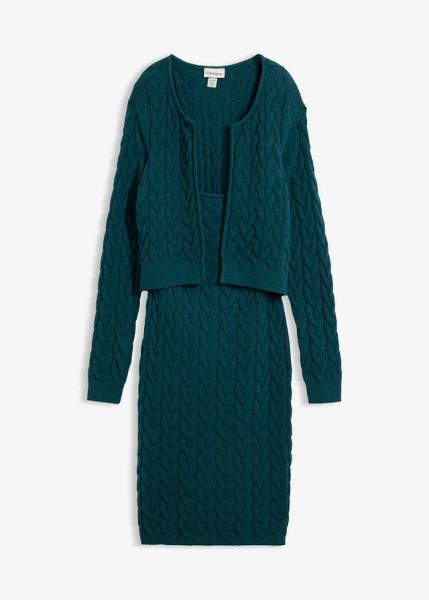 Sukienka dzianinowa z modnym bolero - optyka 2 w 1. Szare sukienki bonprix, bez wzorów, z dzianiny, bez kołnierzyka, bez ramiączek. Za 129,99 zł.