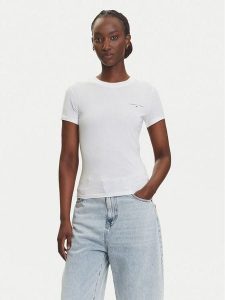 Tommy Jeans T-Shirt Linear DW0DW21164 Écru Slim Fit. T-shirty Tommy Jeans, s, bez wzorów, z bawełny, bez kołnierzyka, bez ramiączek. Za 79,99 zł.