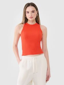 4F Top slim z prążkowanej dzianiny damski - czerwony XL. Czerwone topy 4f, xl, bez wzorów, z bawełny, klasyczne, bez kołnierzyka, bez ramiączek. W wyprzedaży za 39,99 zł.