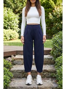 SOULSHAE Spodnie w kolorze granatowym rozmiar: 4XL. Niebieskie spodnie z wysokim stanem SOULSHAE, bez wzorów, z materiału, z podwyższonym stanem. Za 95,95 zł.