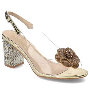 Złote Sandały S.Barski Eleganckie Obuwie Damskie. Żółte sandały S.BARSKI, bez wzorów, z materiału, bez obcasa, na obcasie, bez zapięcia. Za 199,00 zł.