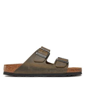 Klapki Birkenstock. Brązowe klapki Birkenstock, bez wzorów, bez obcasa. Za 379,99 zł.