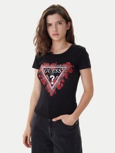 Guess T-Shirt W6RI23 J1314 Czarny Regular Fit. Czarne t-shirty Guess, m, z aplikacjami, z bawełny, bez kołnierzyka, bez ramiączek. Za 199,99 zł.