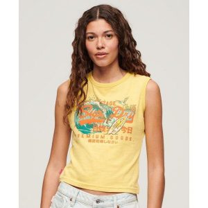 Koszulka bez rękawów Slim LA Vintage Logo Graphic od SUPERDRY. Żółte koszule nocne Superdry, bez wzorów, bez ramiączek. W wyprzedaży za 121,05 zł.